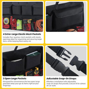 Organizer pockets, mesh fronts and buckle strap details
