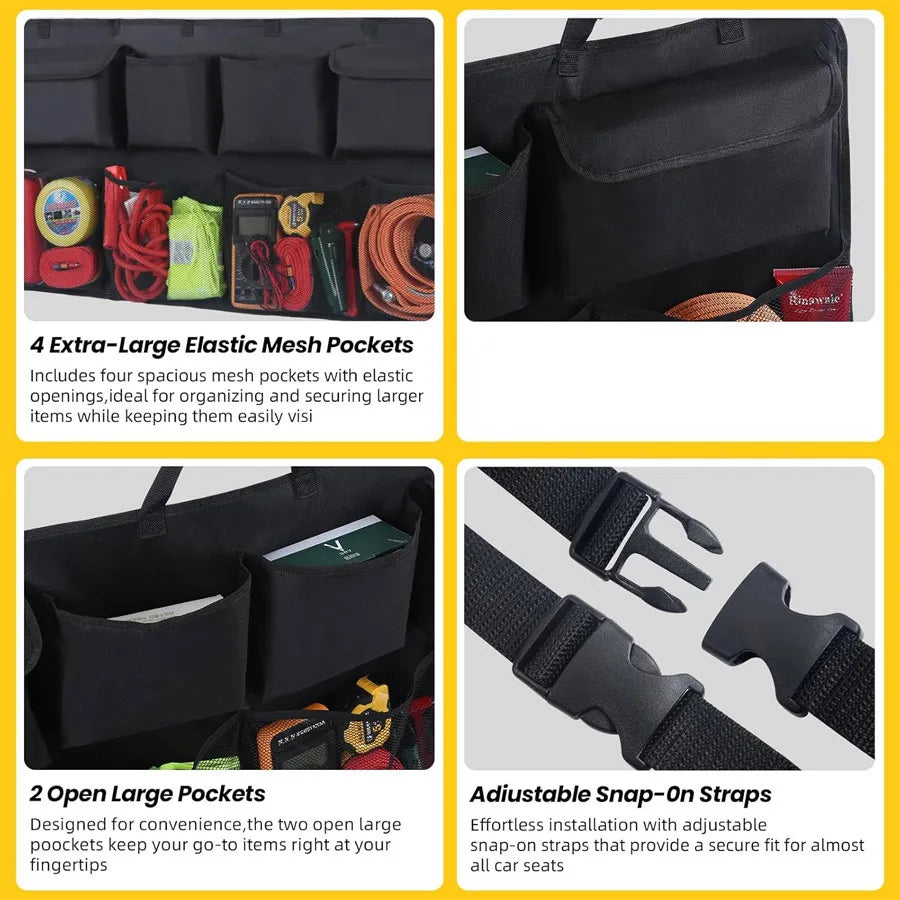 Organizer pockets, mesh fronts and buckle strap details