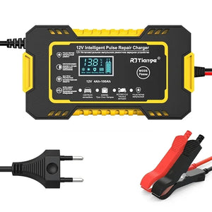 Yellow-and-black battery charger with EU plug and clamps