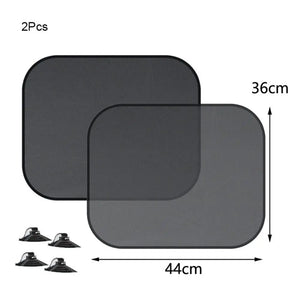 Two rear-window shades with supplier size diagram