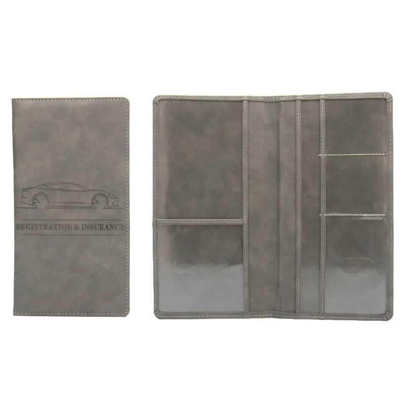 Gray long-format document holder shown open