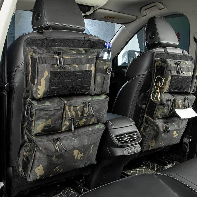 Camouflage storage bags mounted behind car seats