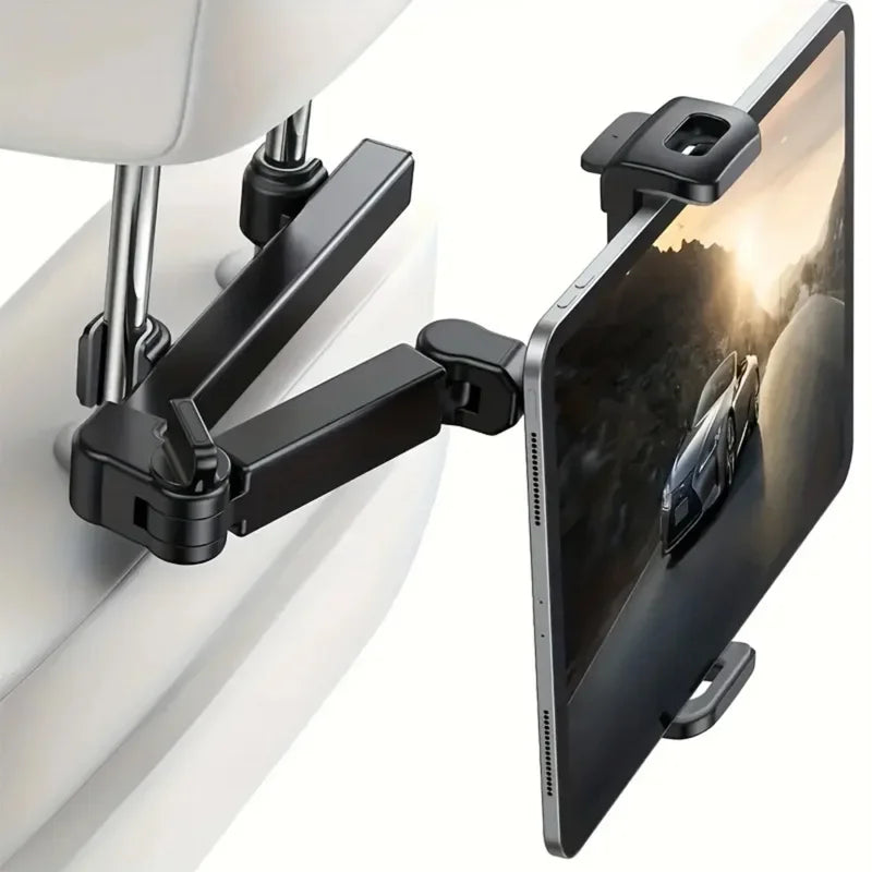 Tablet held behind a front-seat headrest