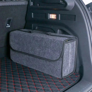 Felt storage box positioned in a car trunk