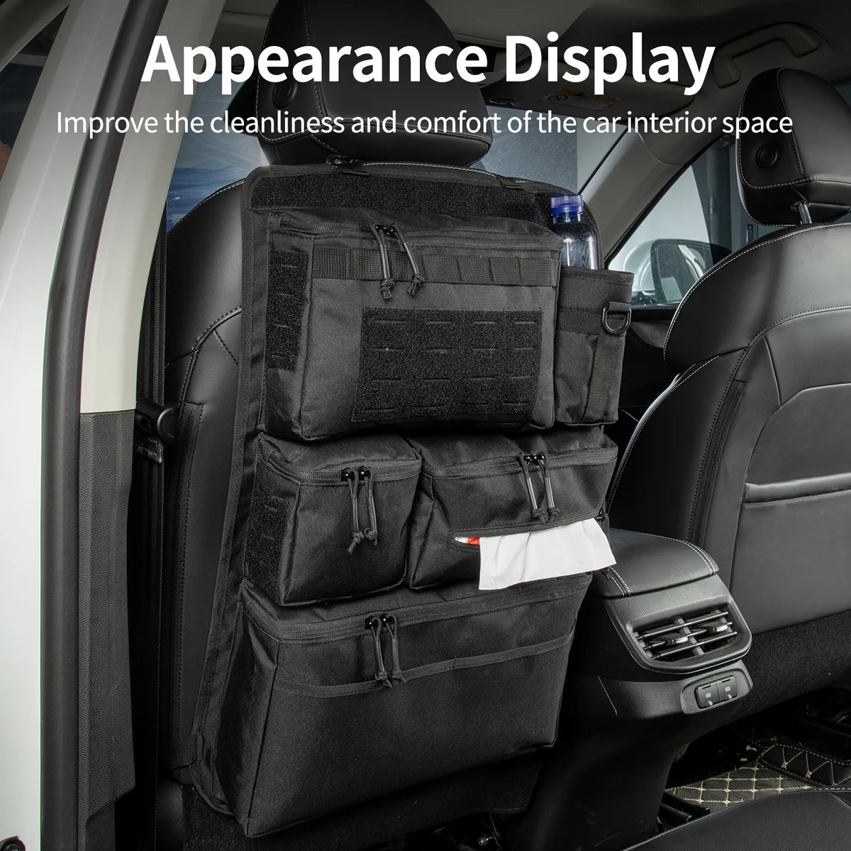 Seat-back storage bag illustrated with its pockets in use