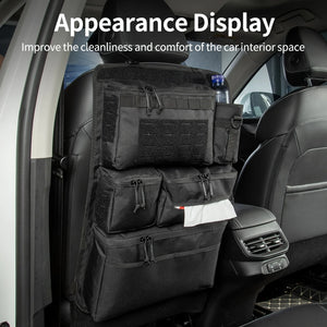 Seat-back storage bag illustrated with its pockets in use