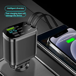 Car charger illustrated beside a connected phone