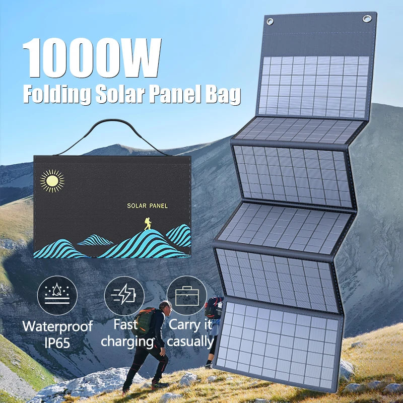 Folding solar-panel bag shown with supplier promotional text