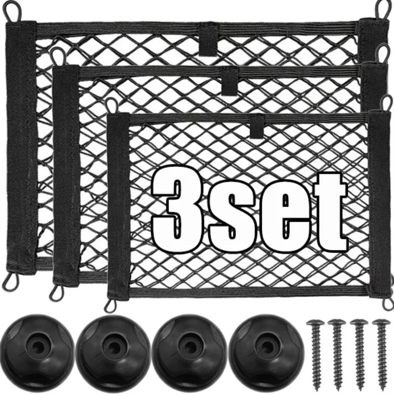 Three storage nets shown with mounting pieces in supplier graphic