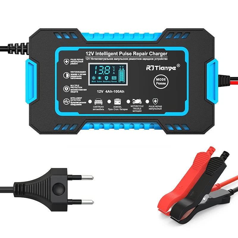 Blue battery charger with EU plug and clamps