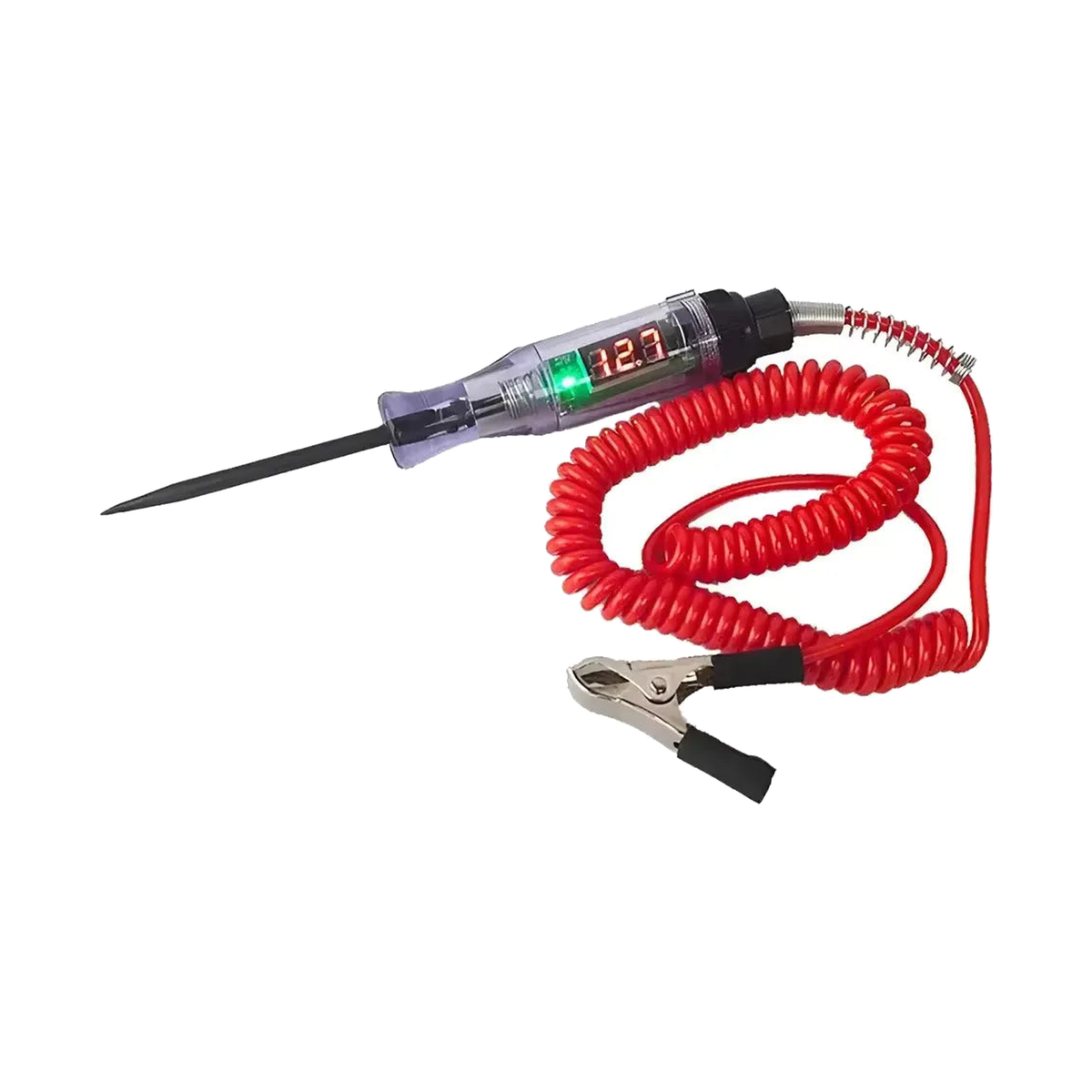 Digital automotive probe tester with coiled lead and clip