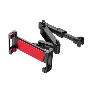 Red device cradle on an extending headrest-mounted holder