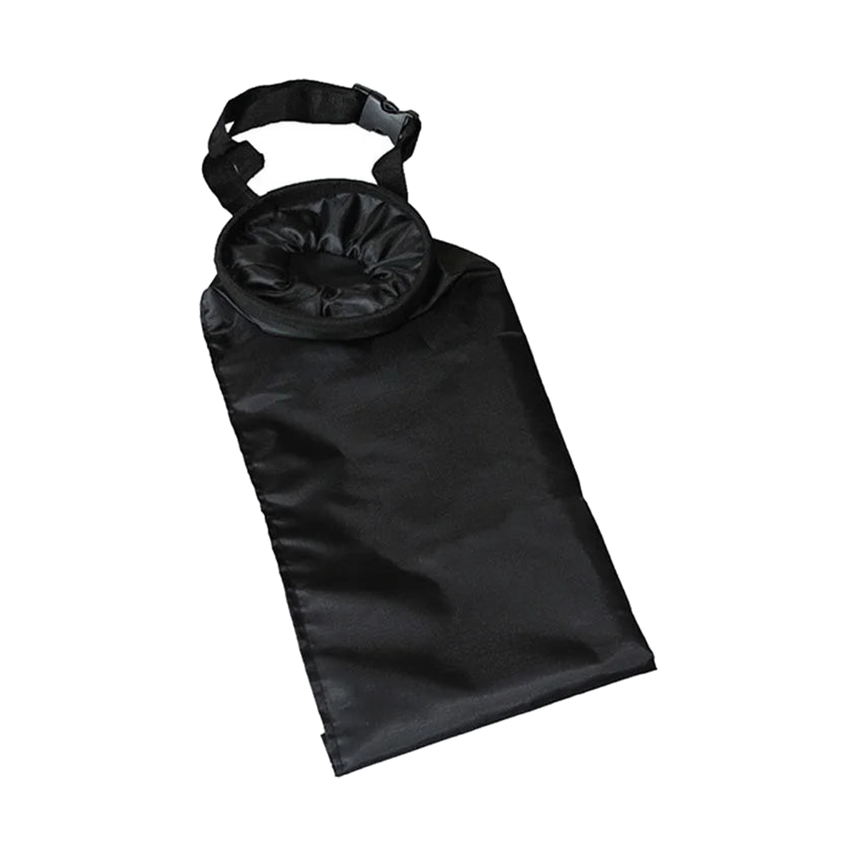 Black hanging trash bag with gathered opening and buckle strap