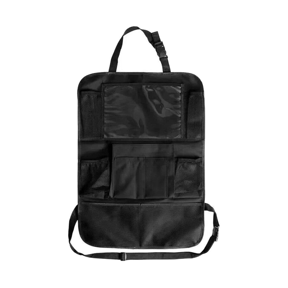 Black seat-back organizer with clear upper pocket