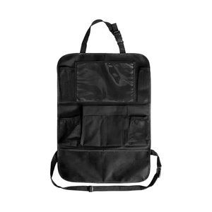 Black seat-back organizer with clear upper pocket
