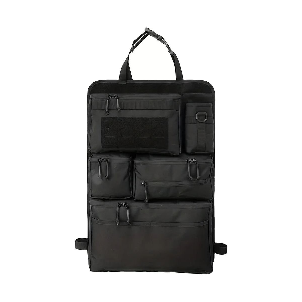 Black hanging seat storage bag on a white background