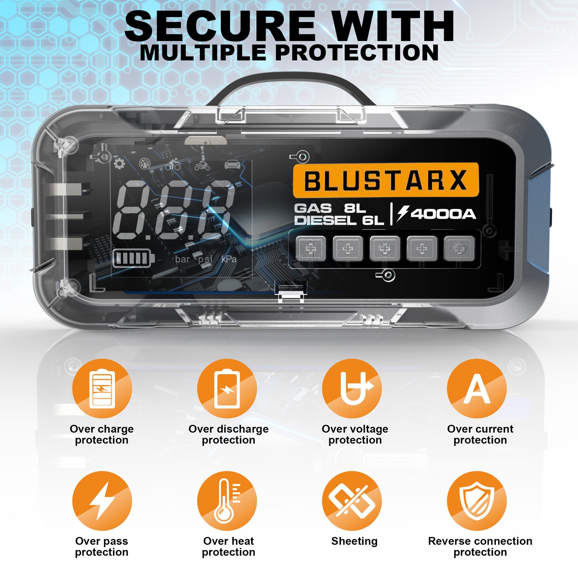 BLUSTARX 4000A Démarreur Portable 4-en-1 avec Compresseur d'Air - Blustarx