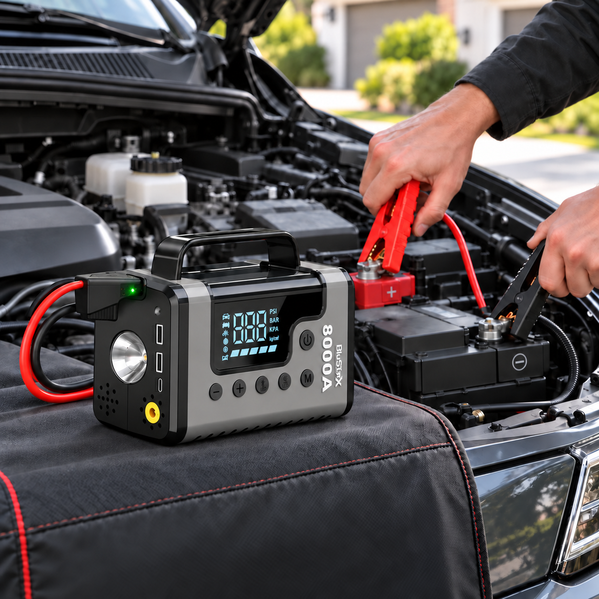 Utilisation du booster de démarrage — modèle 8000A illustré