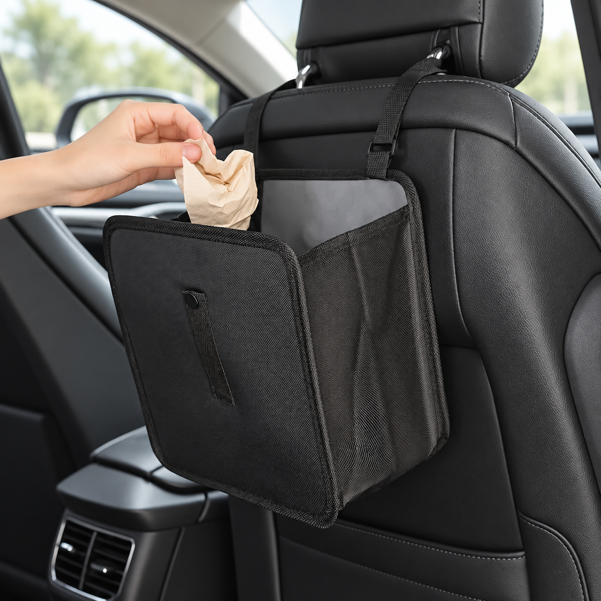 Black hanging car trash bag behind a seat with its gray lining and side mesh pocket visible